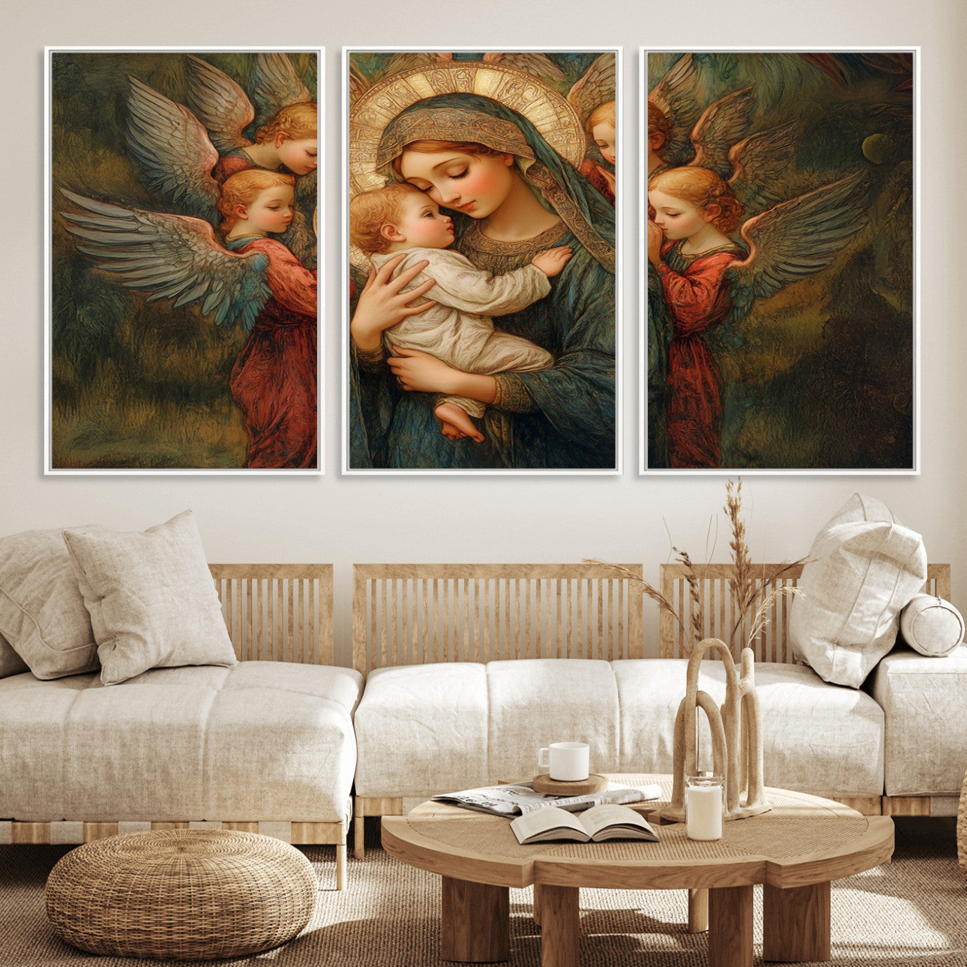 MGV-FC-60X30-3P - Mary Jesus Canvas Wall Art Print - Madonna and Child with Angels Art Print - Classic Christian