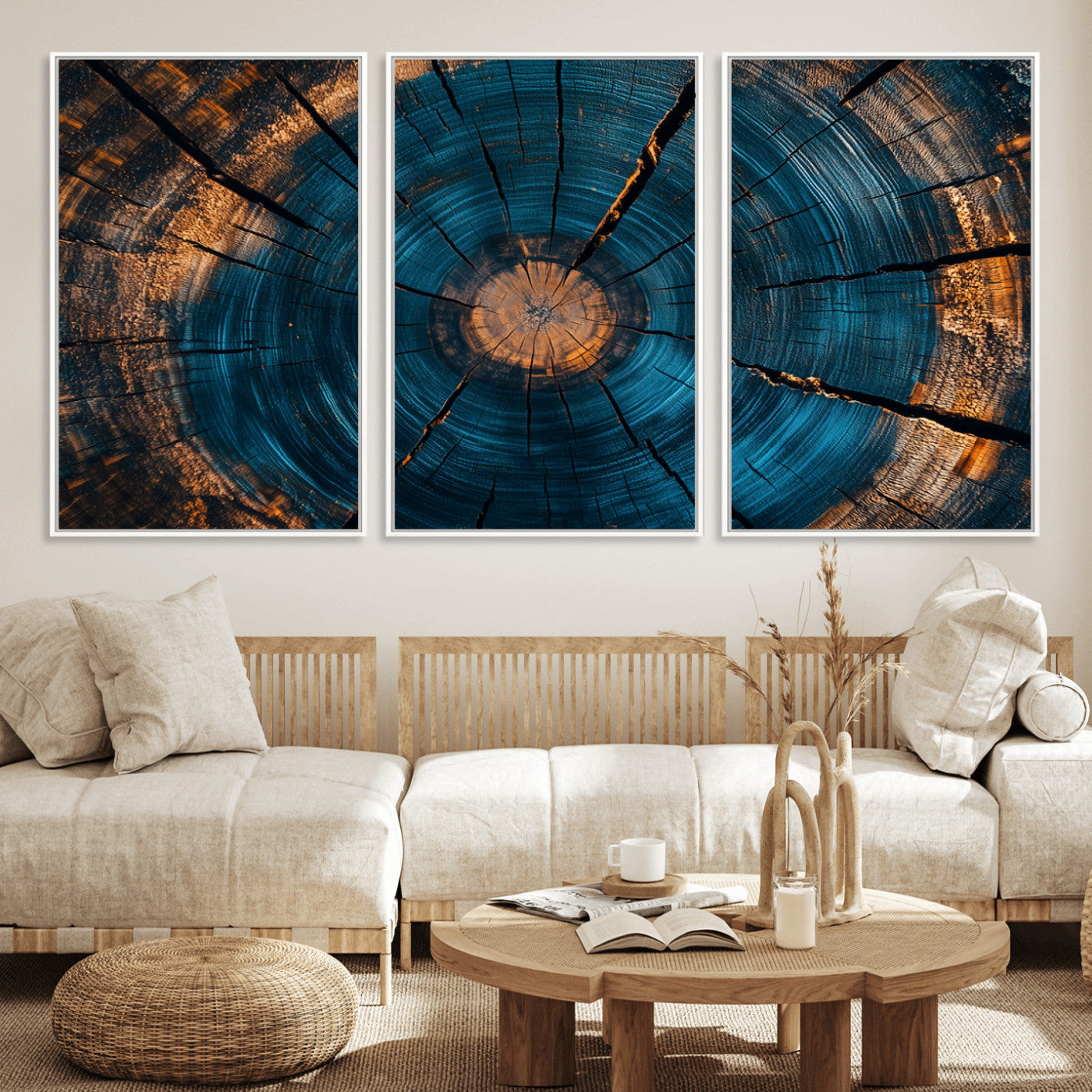 MGV-FC-60X30-3P - Abstract Tree Rings Wall Art Canvas Print - Wood Grain Rings Artwork Print - Nature Woodland Modern