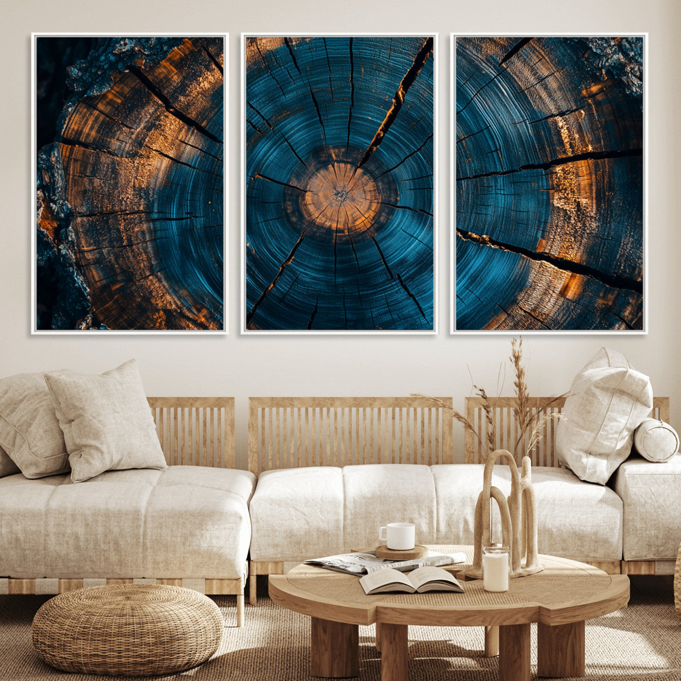 MGV-FC-60X30-3P - Farmhouse Wall Art - Abstract Tree Rings Canvas Wall Art Print, Framed Wood Grain Rings Artwork