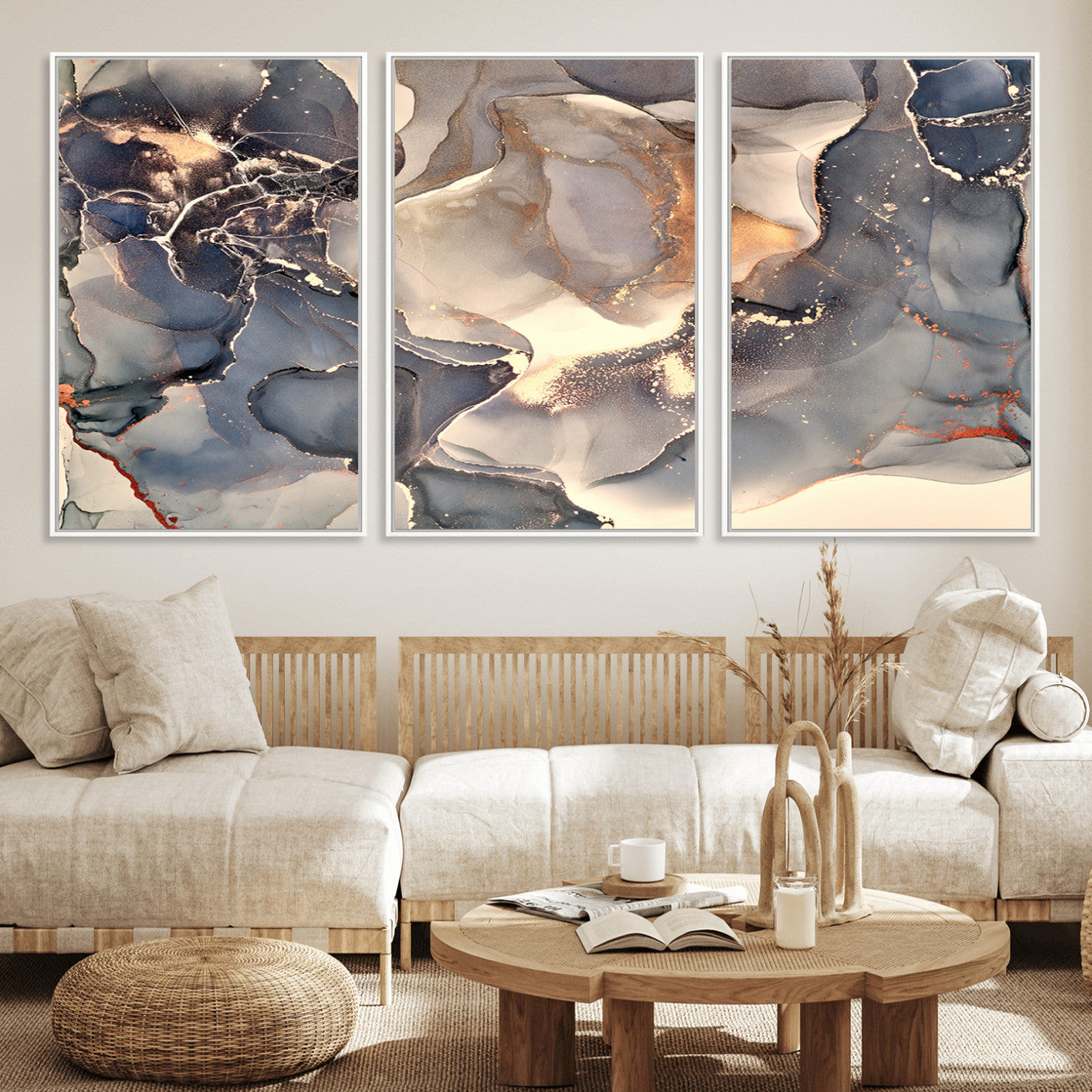 MGV-FC-60X30-3P - Abstract Blue and Gold Wall Art - Fluid Ink Artwork - Modern Luxury Wall Decor for Contemporary