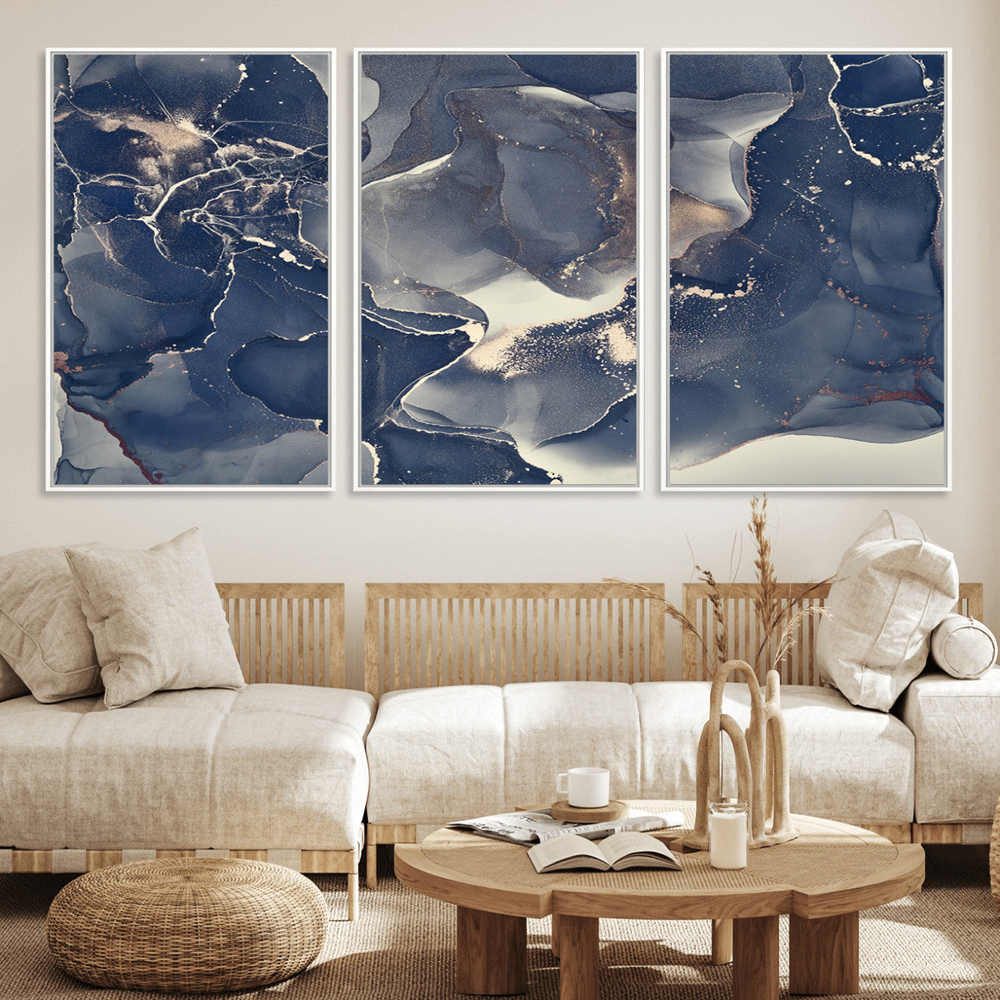 MGV-FC-60X30-3P - Large Abstract Blue and Gold Canvas Wall Art | Fluid Ink Artwork Print | Luxury Wall Decor for
