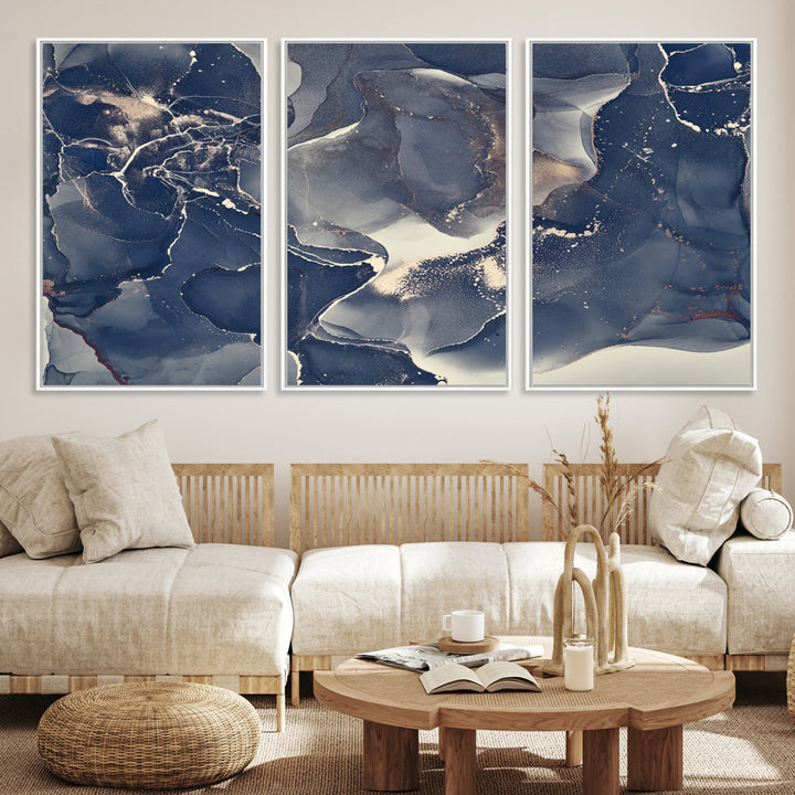 Large Abstract Blue and Gold Canvas Wall Art | Fluid Ink Artwork Print | Luxury Wall Decor for Contemporary Interiors | Framed Ready to Hang