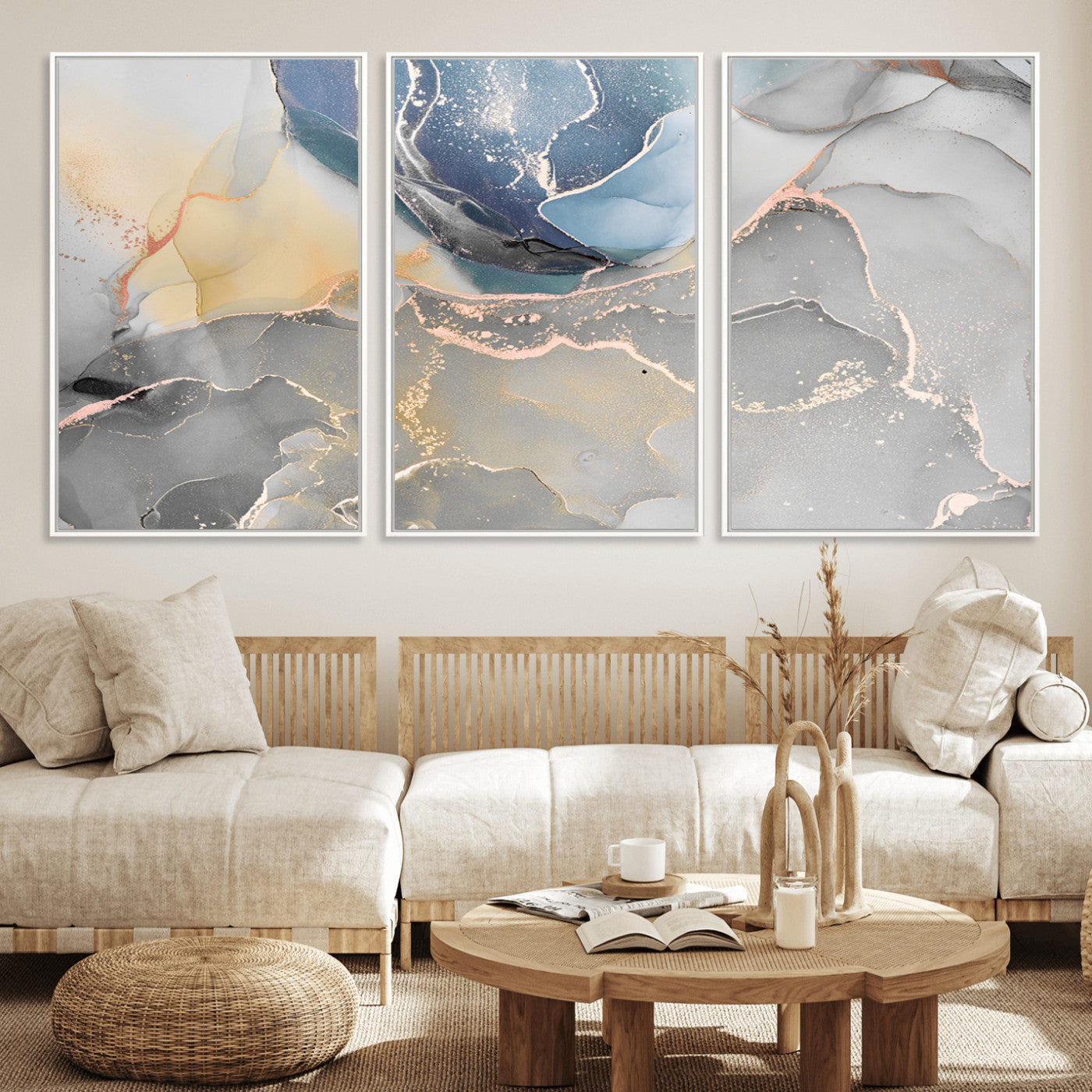 MGV-FC-60X30-3P - Large Abstract Blue and Gold Canvas Wall Art | Fluid Ink Artwork Print | Luxury Wall Decor for