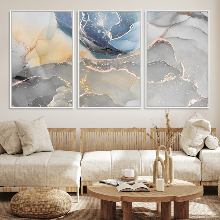 Large Abstract Blue and Gold Canvas Wall Art | Fluid Ink Artwork Print | Luxury Wall Decor for Contemporary Interiors | Framed Blue and Gold