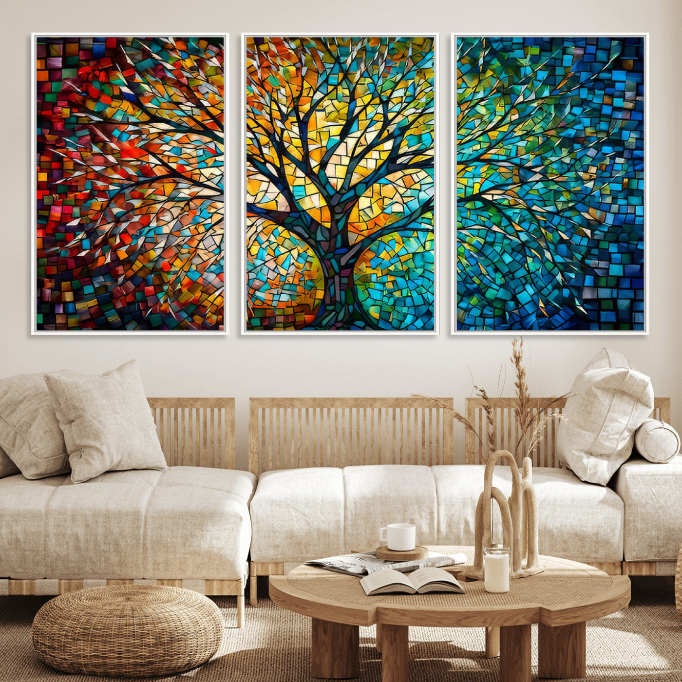 99325-MGV-FC-60X30-3P_White-Yggdrasil Tree of Life Wall Art Print Canvas | Mosaic Style 3-Panel Canvas Print