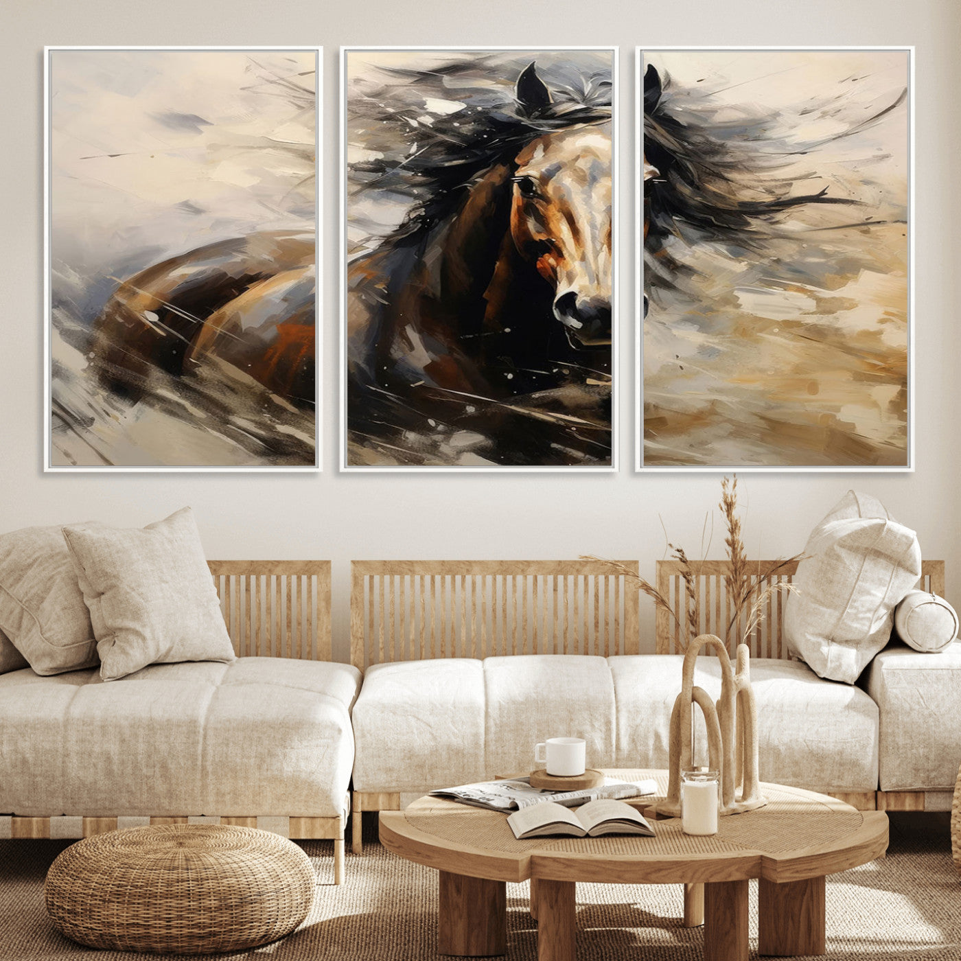 MGV-FC-60X30-3P - Abstract Wall Art Horse Print - Large Western Horse Canvas - Farmhouse Woodland Wall Art - Framed