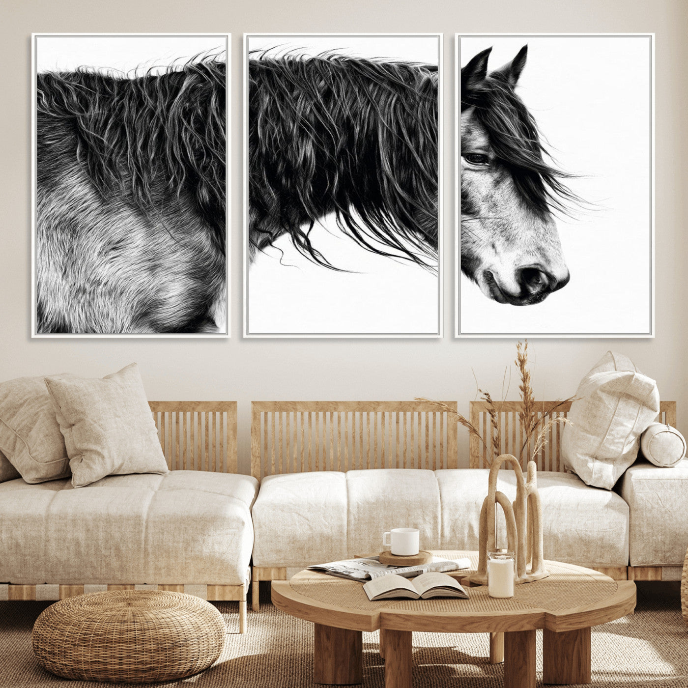 MGV-FC-60X30-3P - Black Horse Wall Art Canvas Print for Farmhouse Decor and Woodland Decoration