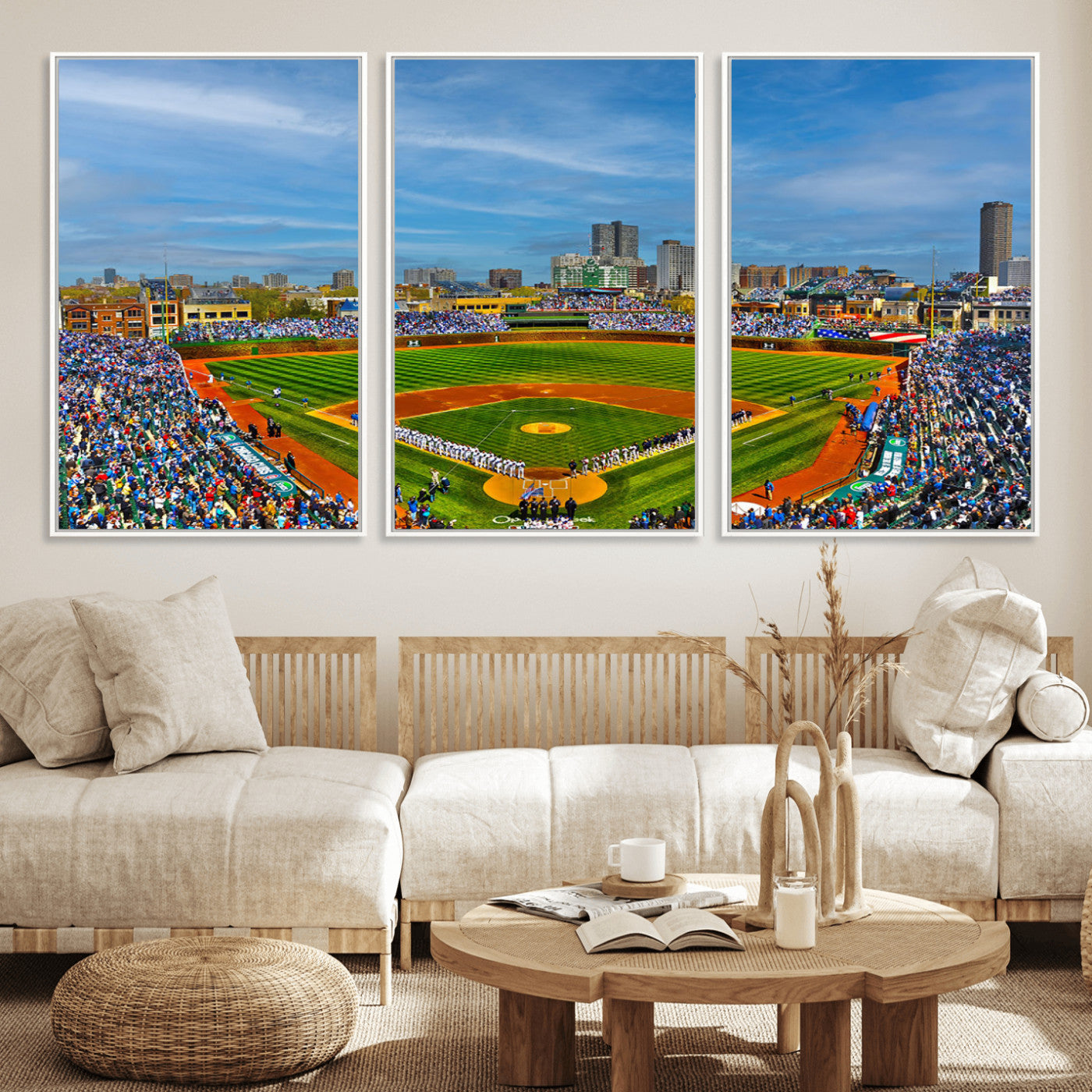 MGV-FC-60X30-3P - Wrigley Field Chicago Cubs Panoramic Multi Piece Canvas Wall Art - Iconic Baseball Stadium Canvas
