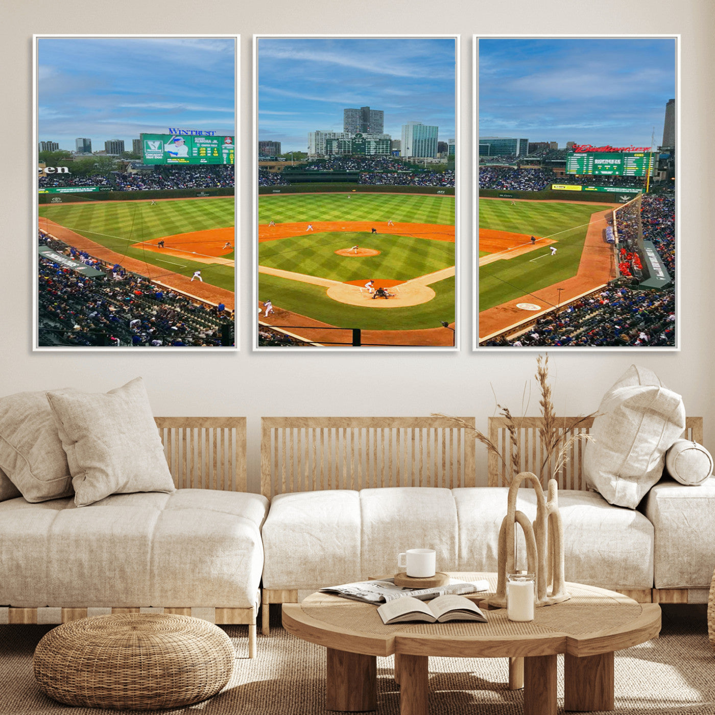 MGV-FC-60X30-3P - Wrigley Field Chicago Cubs Panoramic Multi Piece Canvas Wall Art - Iconic Baseball Stadium Print for