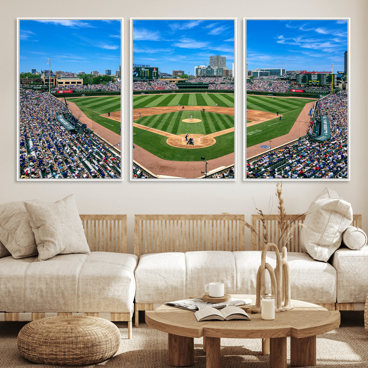 26064-MGV-CV-30X20-Framed Wrigley Field Chicago Cubs Print, Panoramic Multi Piece Canvas Wall Art - Iconic Baseball Stadium Print for Sports Lovers - Ready to