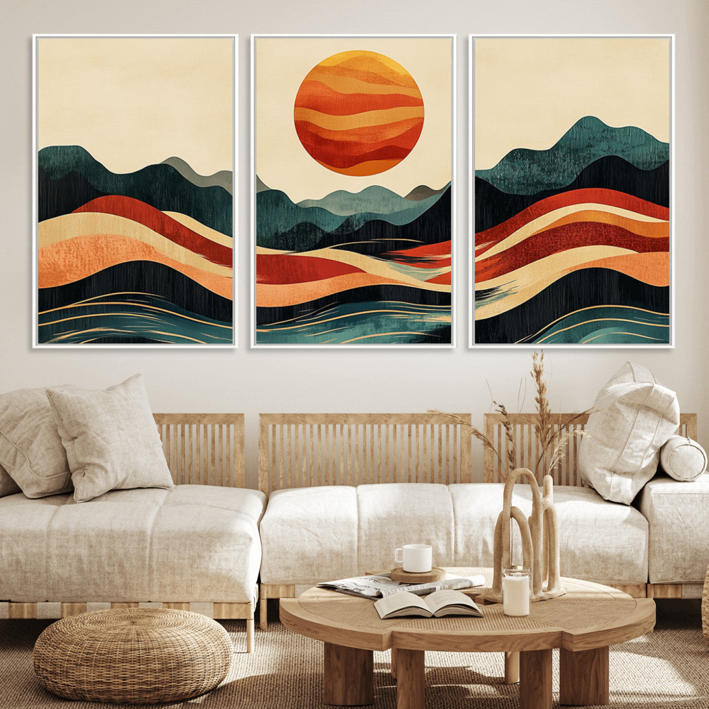 MGV-FC-60X30-3P - Mountain Triptych Wall Art - Western Nature Prints - Framed Boho Pine Tree Canvas for Log Cabin or