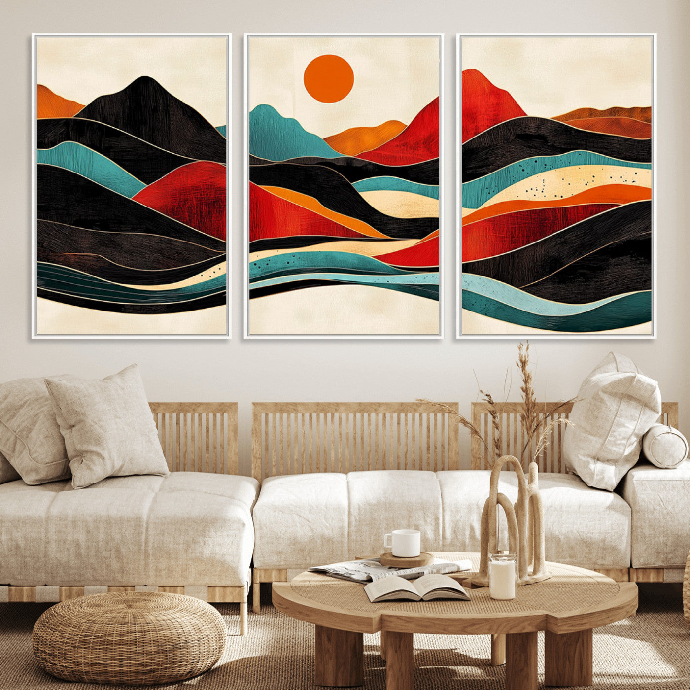 MGV-FC-60X30-3P - Western Wall Decor - Large Triptych Mountain Canvas - Boho Woodland Wall Art Print - Framed