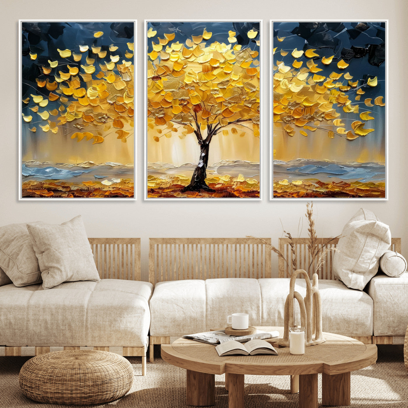 A stunning impasto painting captures the golden hues of autumn with a vibrant tree glowing against a dramatic blue and brown backdrop.
