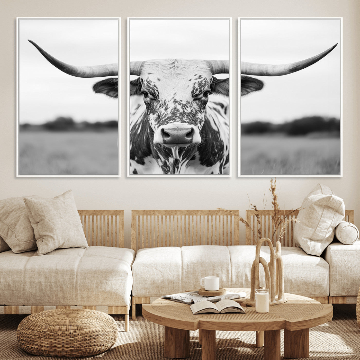 MGV-FC-60X30-3P - Highland Cow Wall Art - Black and White Western Longhorn Canvas Print - Farmhouse Living Room Decor