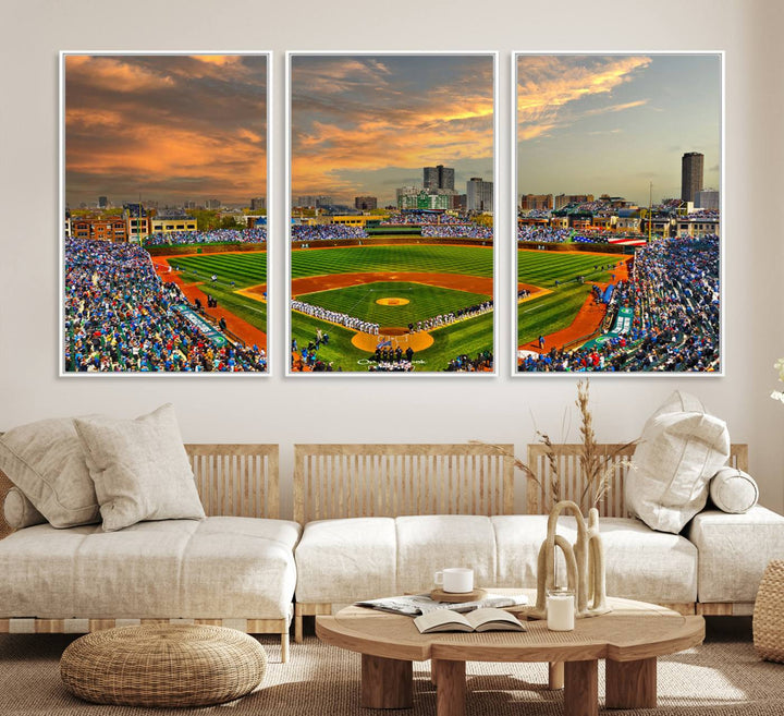 Aerial view of Wrigley Field at sunset against a vibrant sky, creating the perfect Chicago Wrigley Field Canvas Wall Art.