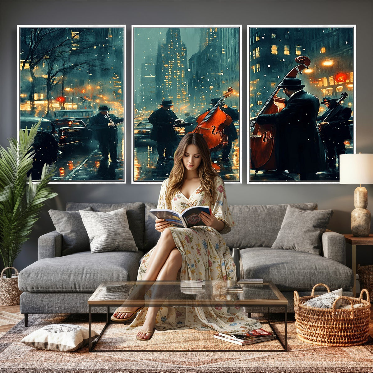53391-MGV-CV-24X16 - Urban Night Jazz Wall Art Canvas Print | Moody Rain Soaked City Street Band Scene