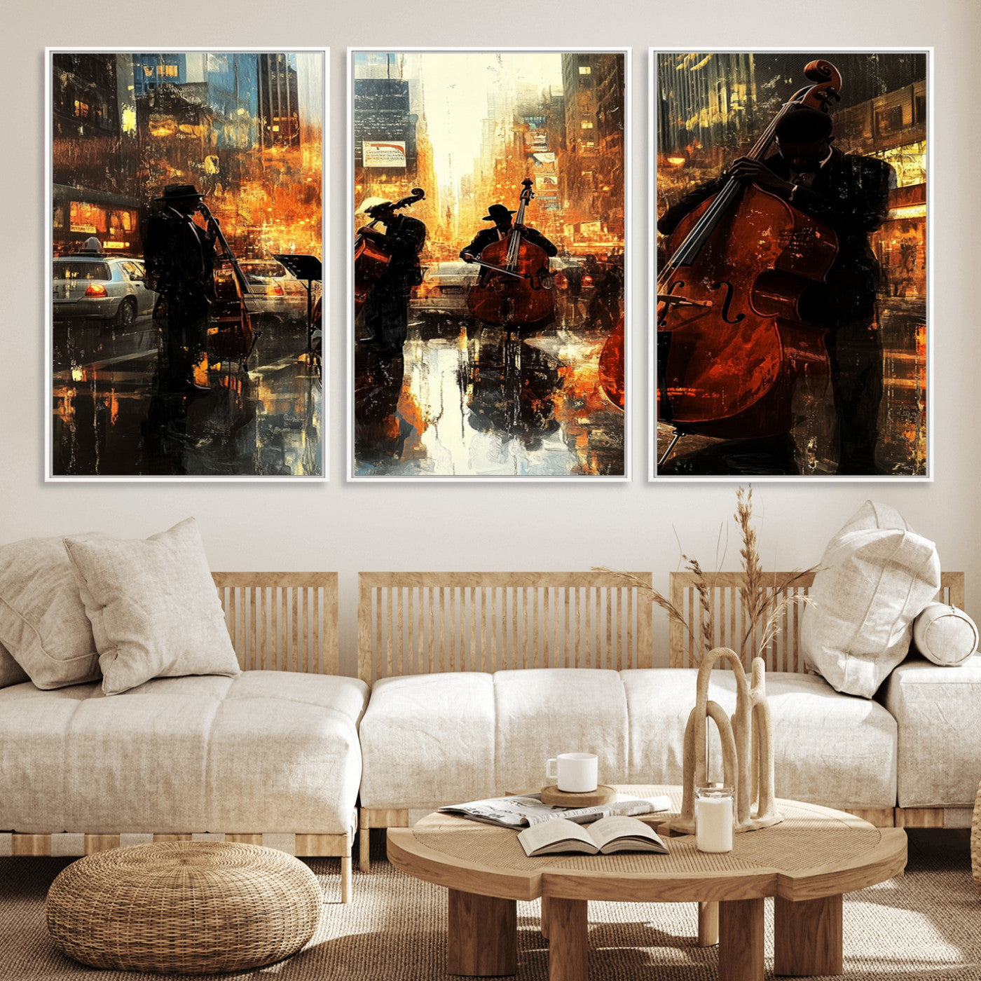 MGV-FC-60X30-3P - African American Abstract Jazz Wall Art - Framed Abstract Music Canvas - Colorful Instrument Canvsa