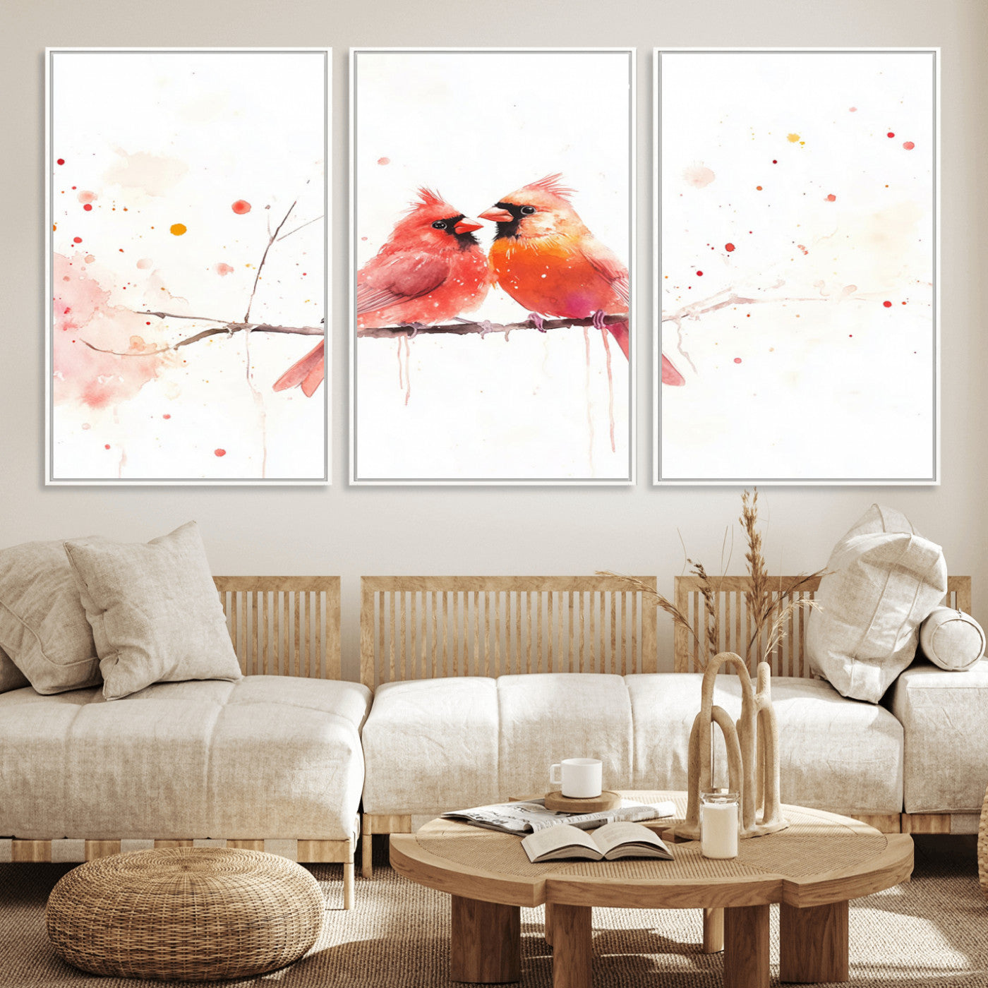 MGV-FC-60X30-3P - Cardinal Bird Canvas Wall Art - Male and Female Cardinal Print - Nature-Inspired Bird Wall Decor for