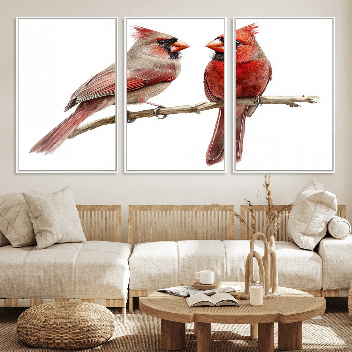 MGV-FC-60X30-3P - Cardinal Bird Canvas Wall Art - Male and Female Cardinal Print - Abstract Bird Wall Decor for Home -