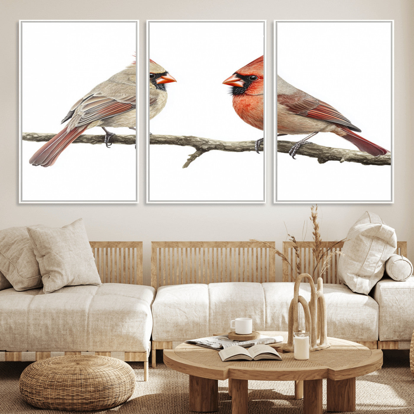 MGV-FC-60X30-3P - Cardinal Canvas Wall Art - Male and Female Cardinal Print - Nature-Inspired Bird Wall Decor for Home