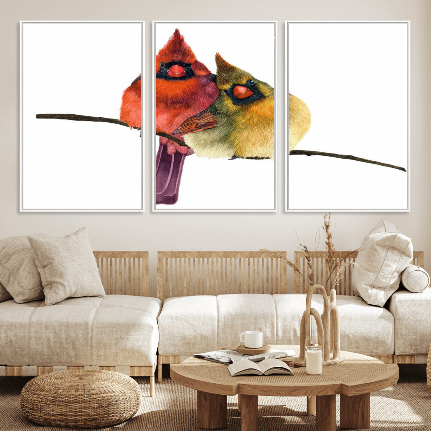 MGV-FC-60X30-3P - Cardinal Bird Canvas Wall Art - Male and Female Cardinal Print - Nature-Inspired Bird Wall Decor for