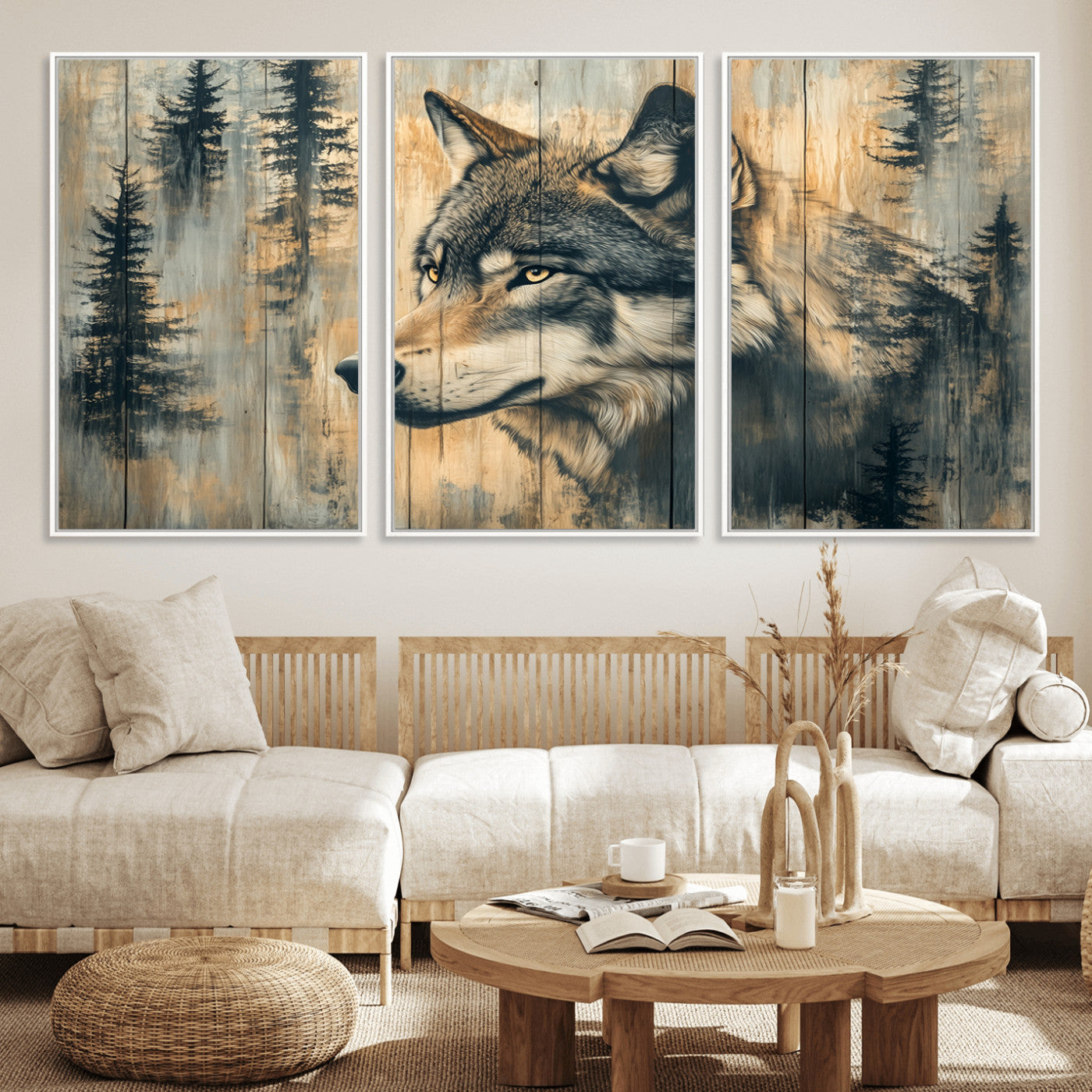 MGV-FC-60X30-3P - Wood Style Rustic Wolf Wall Art Canvas Print, Vintage Woodland Wolf Wall Art, Framed Wood Style Wolf