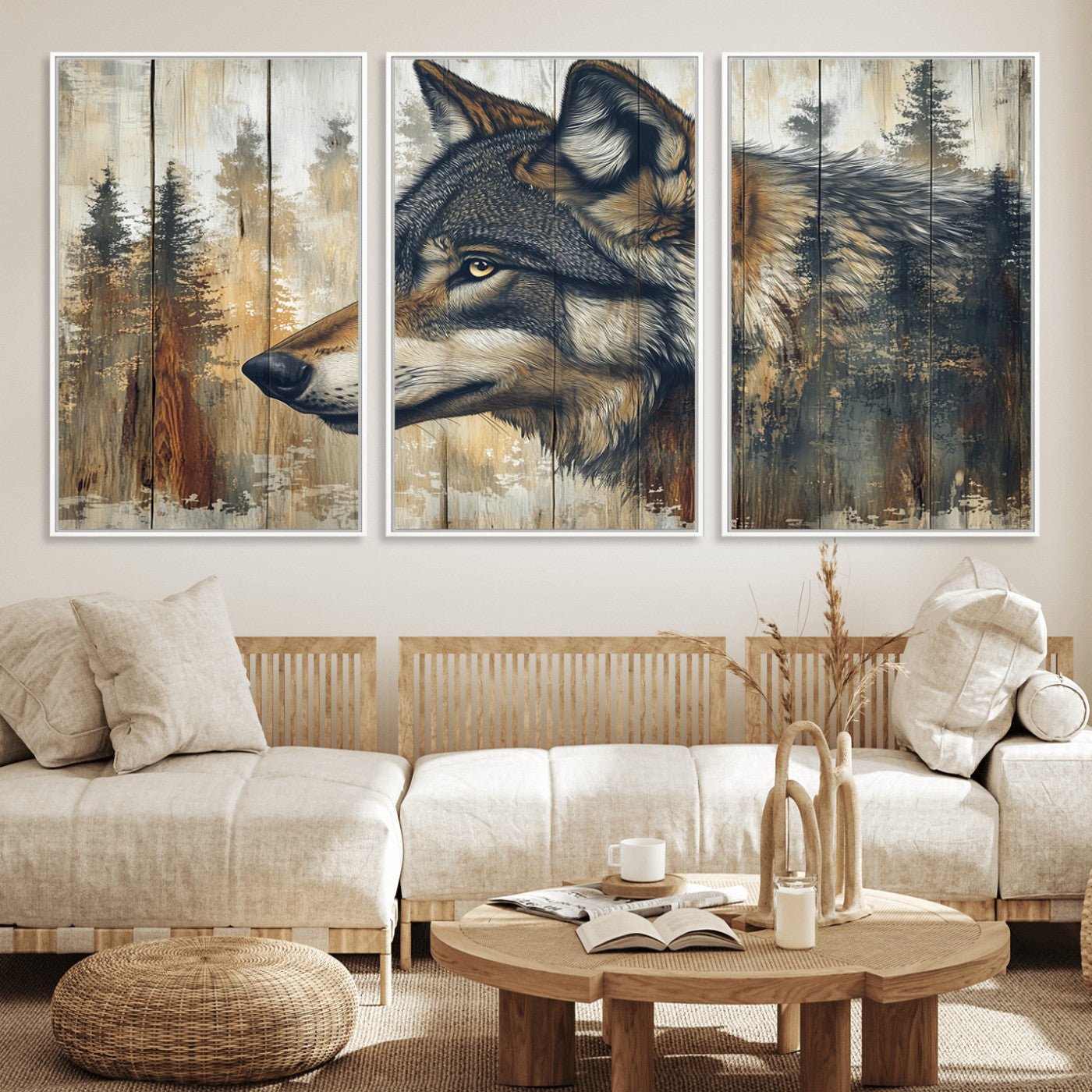 MGV-FC-60X30-3P - Rustic Wolf Wall Art Canvas Print, Vintage Woodland Wolf Wall Art