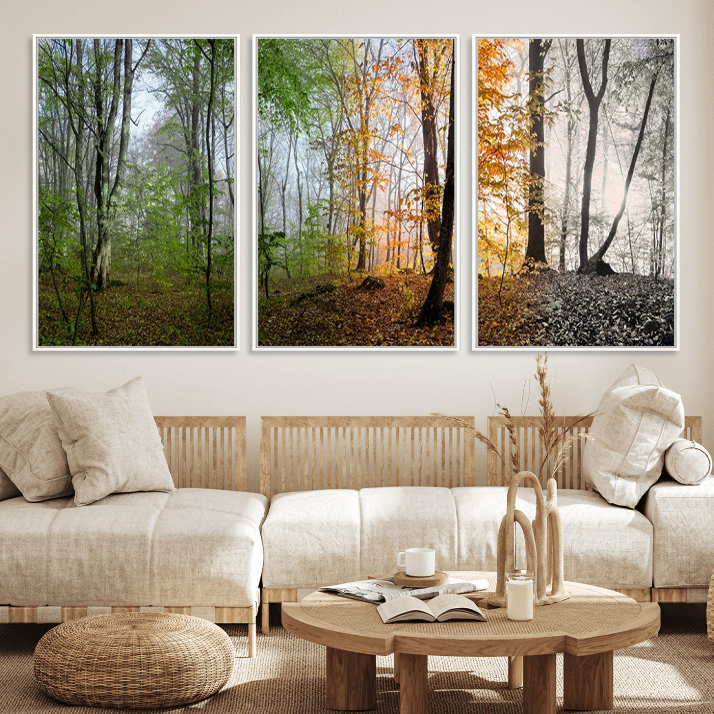 MGV-FC-60X30-3P - Four Seasons Wall Art Forest Canvas Print – Triptych Seasonal Nature Print – Landscape Decor for
