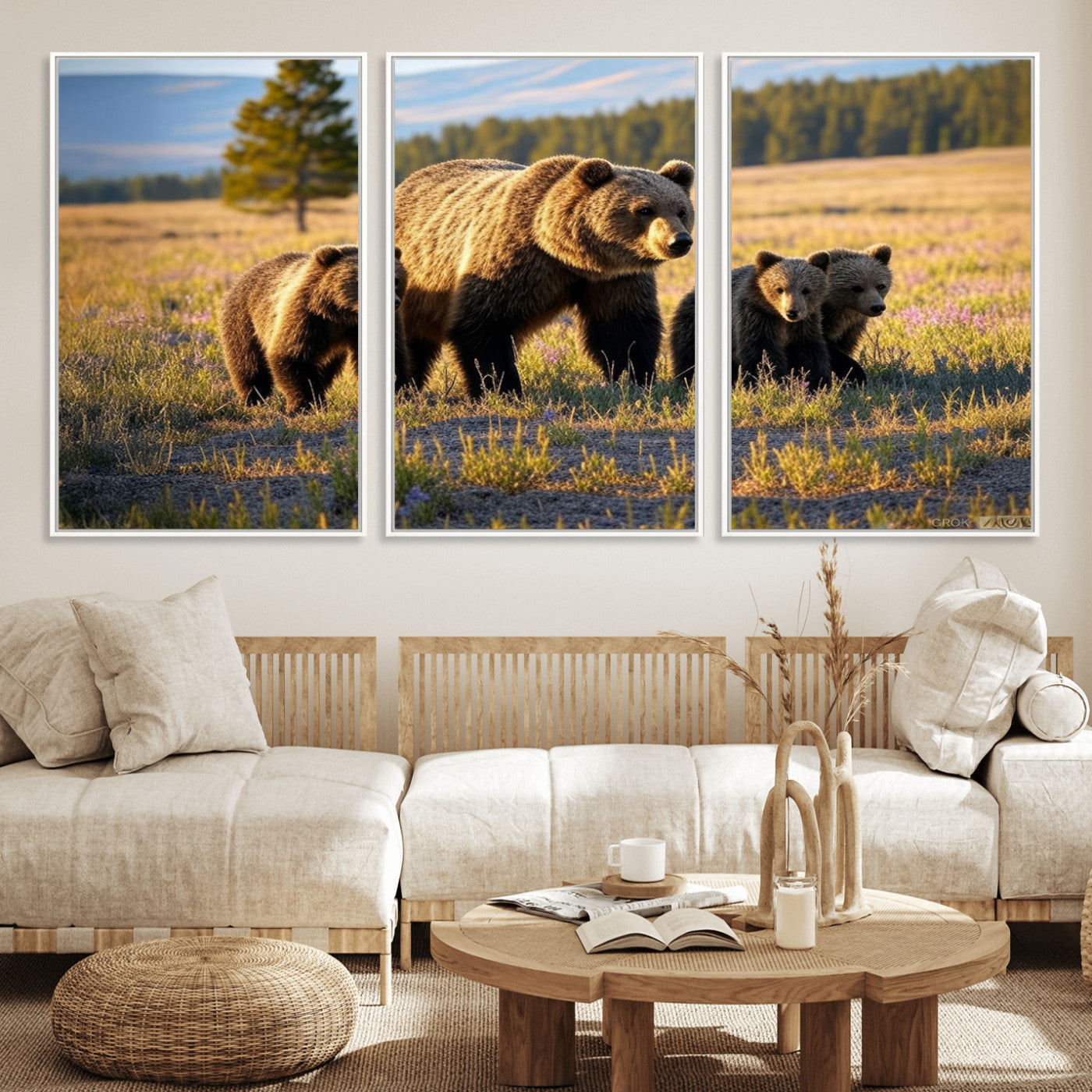MGV-FC-60X30-3P - Grizzly 399 in Wild Flowers Wall Art Canvas Print, Grizzly Bears Wall Art, Queen of Grand Teton