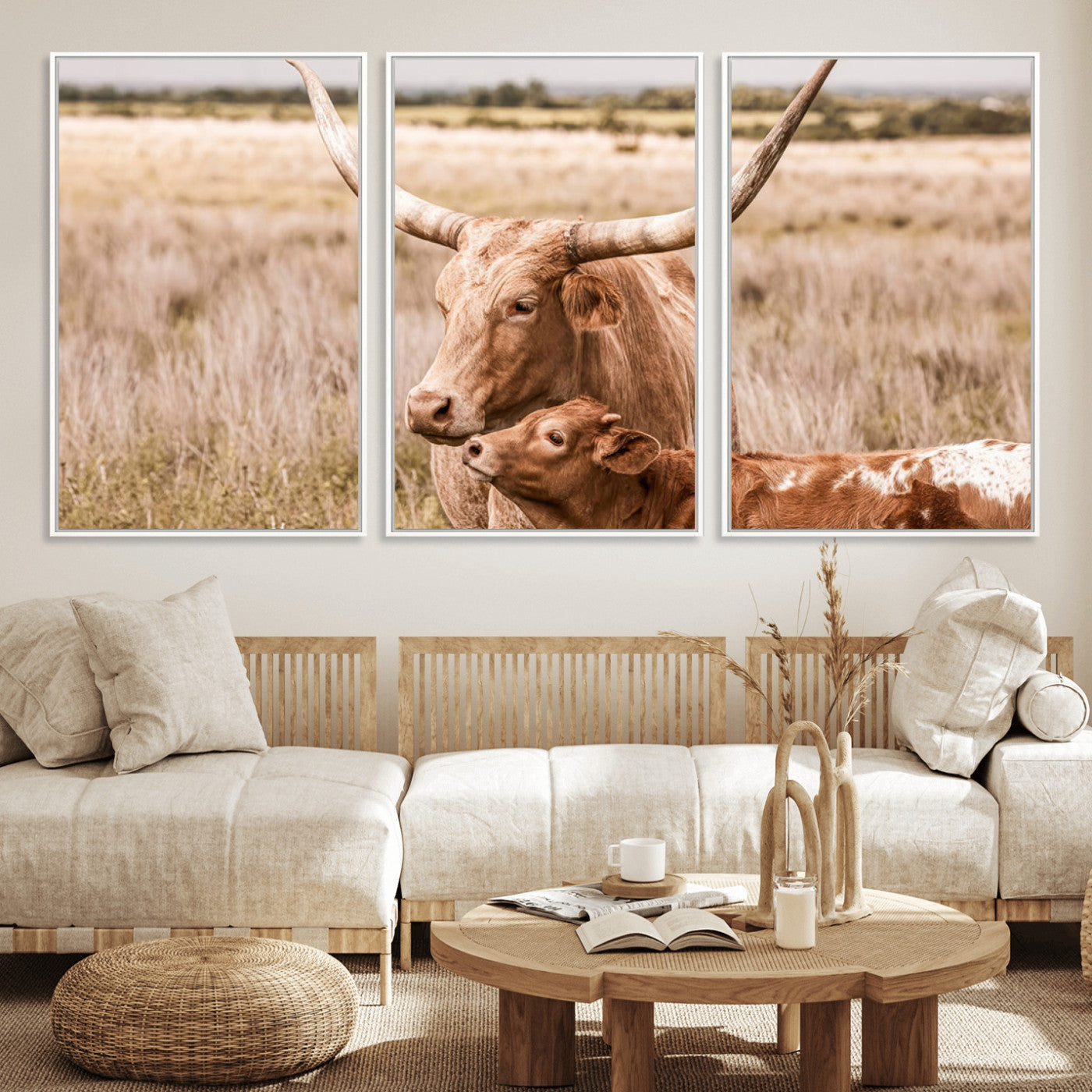 MGV-FC-60X30-3P - Texas Longhorn Cow Wall Art Canvas Print for Farmhouse Wall Art, Texas Decor, Western Wall Art Print