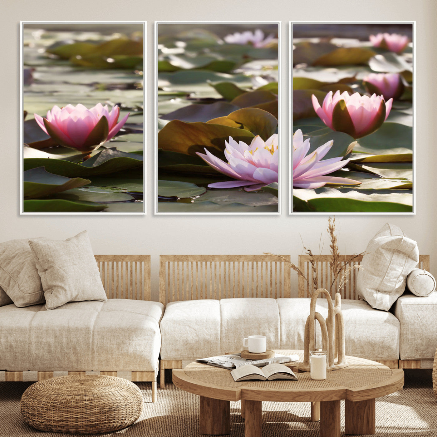 MGV-FC-60X30-3P - Lotus Flower Wall Art Canvas Print, Water Lily Large Wall Art Canvas Print for Yoga Room Decor,