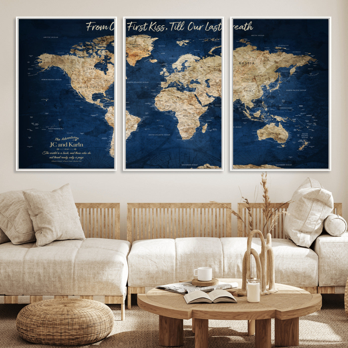MGV-FC-60X30-3P - Push Pin World Map Canvas Print – Framed Wall Art for Couples to Track Their Travels – Anniversary