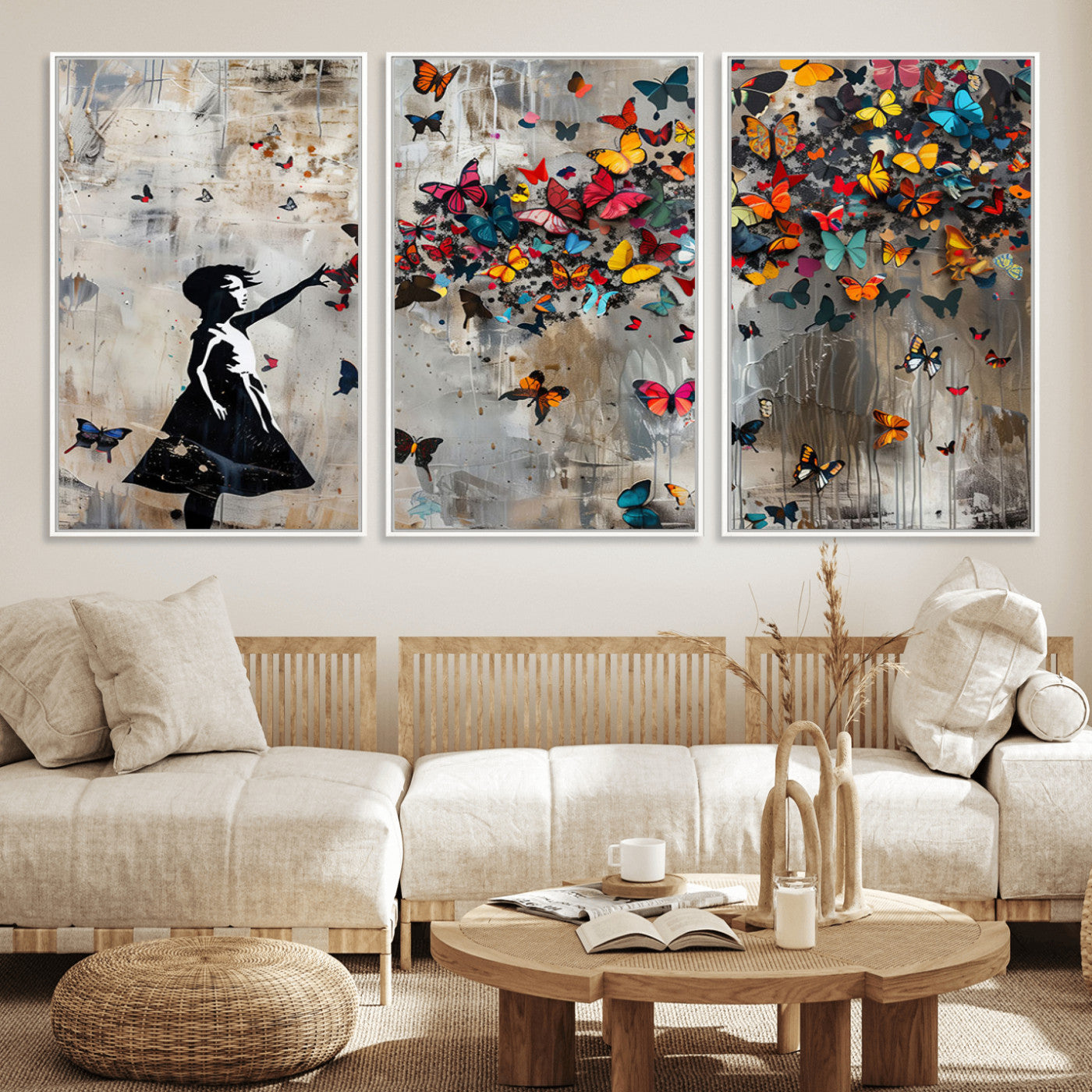 MGV-FC-60X30-3P - Framed Banksy Butterfly Girl Wall Art ,3-Piece Butterfly Girl Canvas, Modern Graffiti Canvas Print