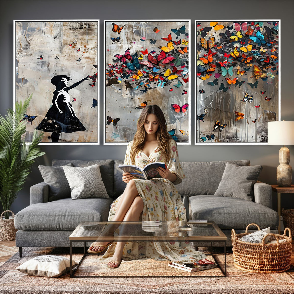 51446D-MGV-CV-24X16 - Banksy Butterfly Girl Wall Art | Modern Graffiti Canvas Print, Street Art Decor