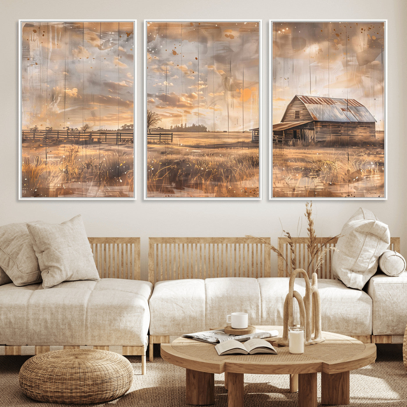 MGV-FC-60X30-3P - Rustic Farmhouse Wall Art Canvas Print | Barn and Field Canvas Print | Vintage Country Landscape