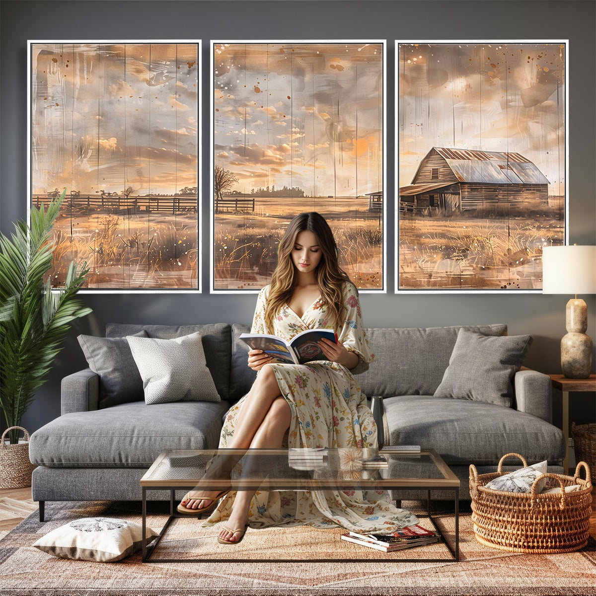 FARM2-MGV-CV-24X16 - Rustic Farmhouse Wall Art Canvas Print | Barn and Field Vintage Country Landscape