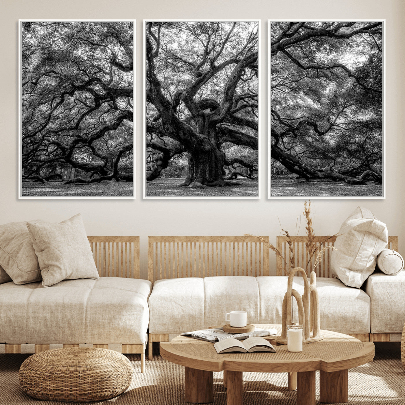 MGV-FC-60X30-3P - Black and White Old Angel Oak Tree Wall Art Canvas Print