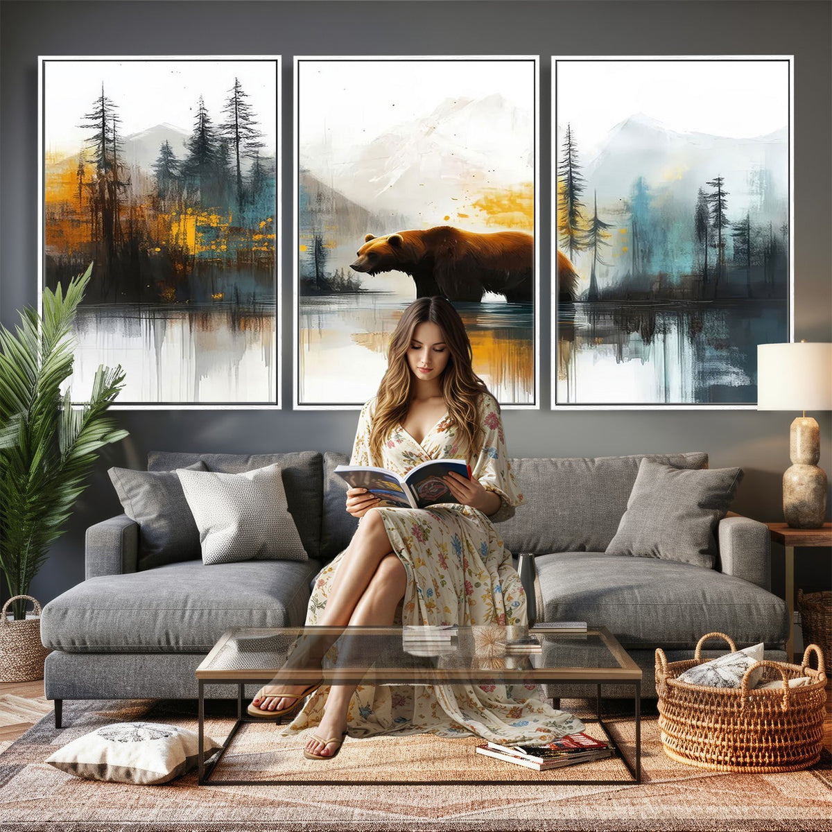 50308-_Poster-30x20 - Abstract Rustic Bear Wall Art Canvas Print, Forest Mountain Scene for Farmhouse or Cabin Decor
