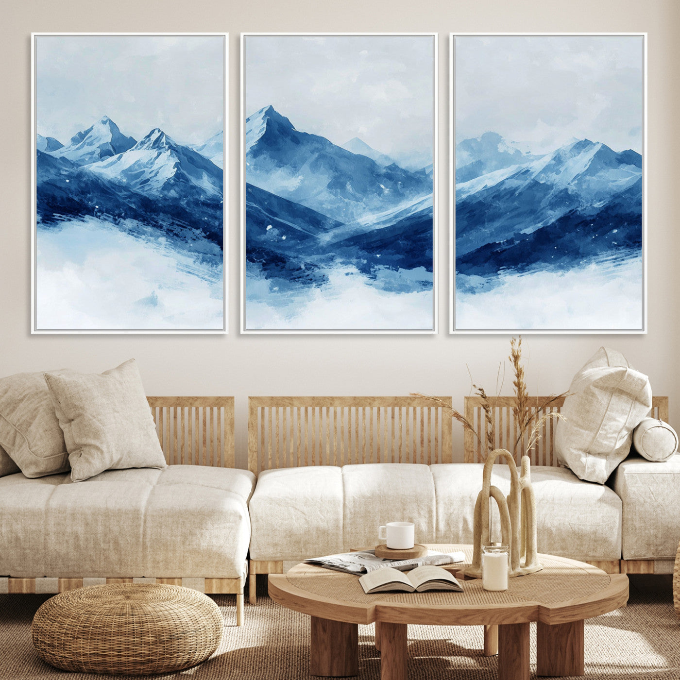 Peaceful watercolor-style painting of snowy blue mountains in soft tones, perfect for winter-themed or minimalist wall decor.