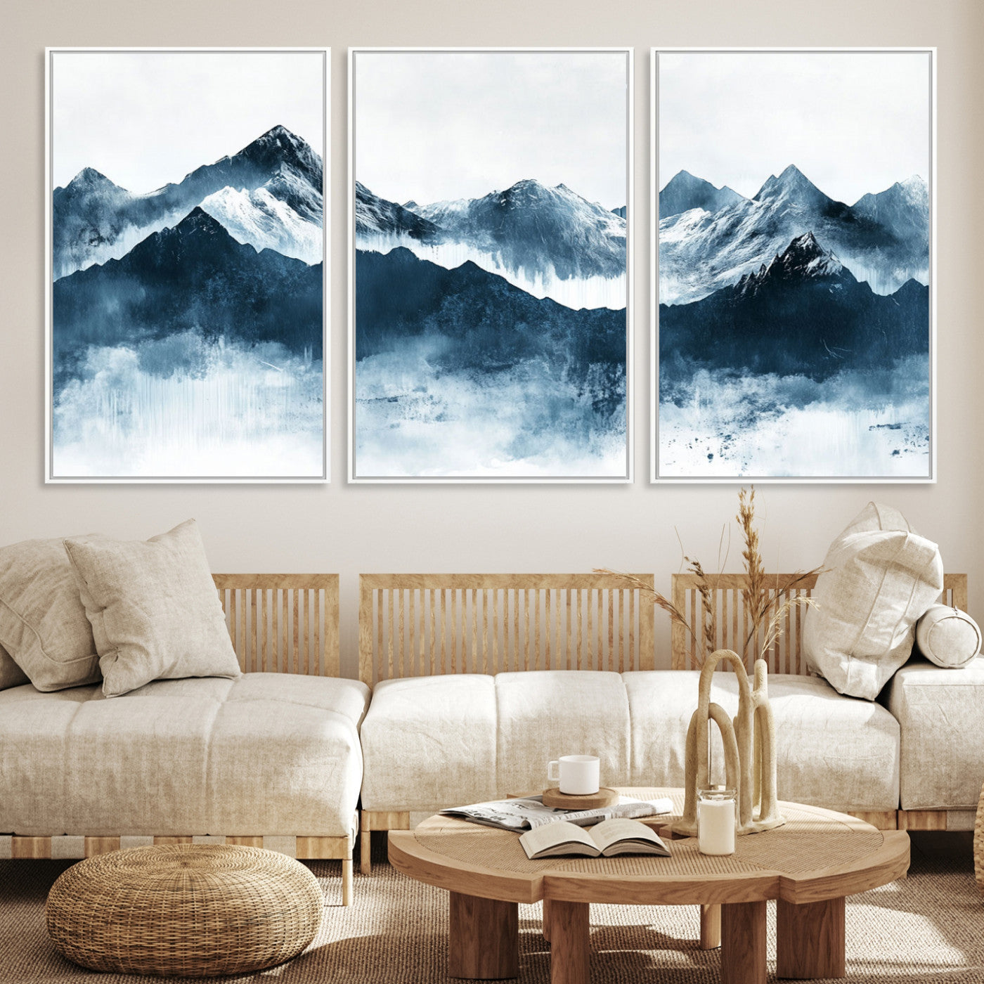 Abstract blue-toned canvas of snowy mountains in misty tones, ideal for minimalist or moody alpine-inspired home decor.