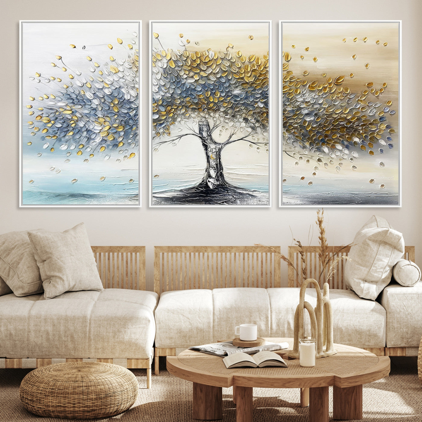 Canvas of a silver and gold textured tree with a soft neutral background, ideal for elegant and minimalist home decor styles.