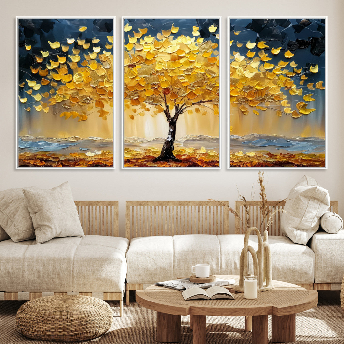 Canvas of a golden autumn tree with textured brushstrokes and moody blue skies, perfect for dramatic and vibrant home decor.