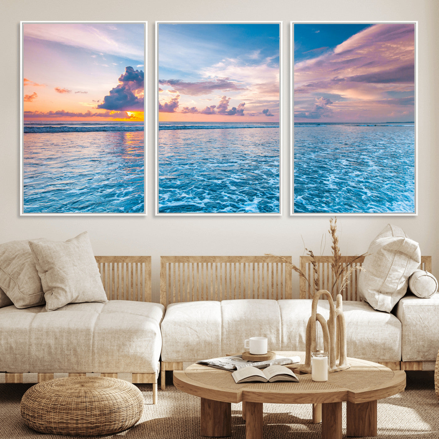 MGV-FC-60X30-3P - Ocean Sunset Canvas Wall Art Print - Tranquil Seascape with Vibrant Sky and Rolling Waves Canvas