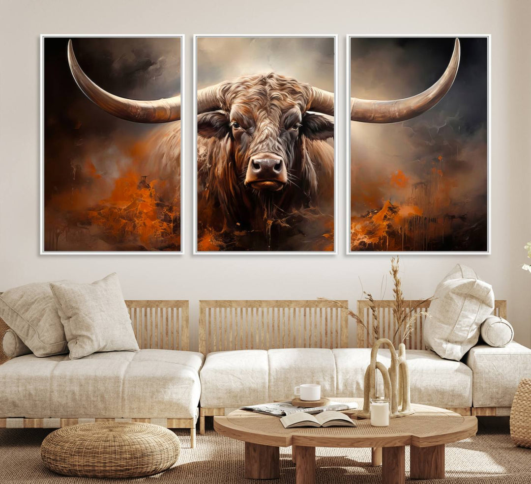 A Highland Bull with striking horns is depicted in a fiery abstract style on a ready-to-hang wall art canvas, evoking strength.