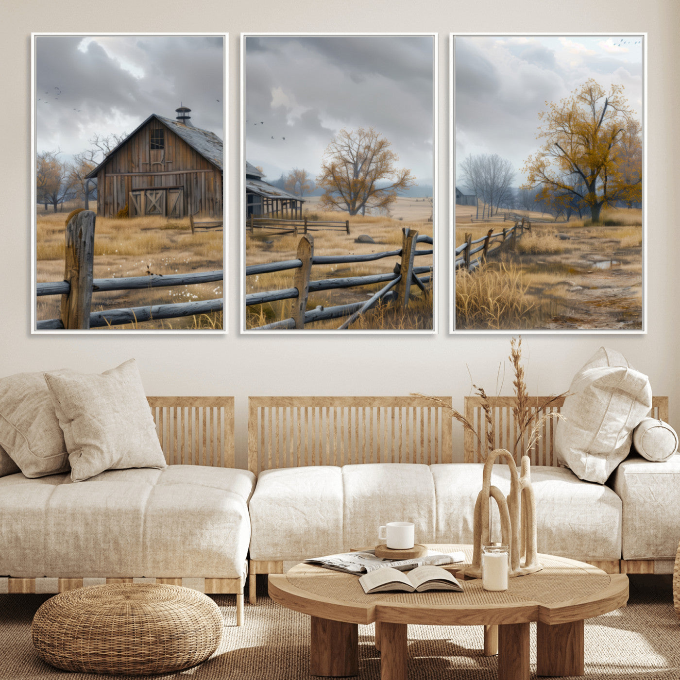 MGV-FC-60X30-3P - Rustic Autumn Farmhouse Wall Art Canvas Print – Serene Countryside Scene with Weathered Barn and