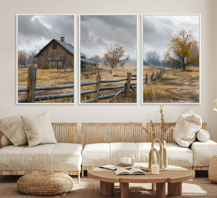 Rustic Autumn Farmhouse Wall Art – Weathered Barn & Trees Canvas Print, featuring a serene scene with birds in the sky. This piece is ready to hang.