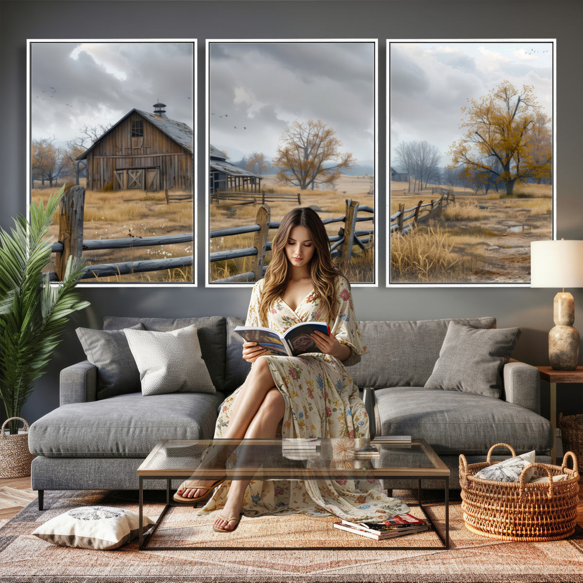 Farm1-MGV-CV-36X24 - Rustic Autumn Farmhouse Wall Art Canvas Print | Serene Countryside with Weathered Barn