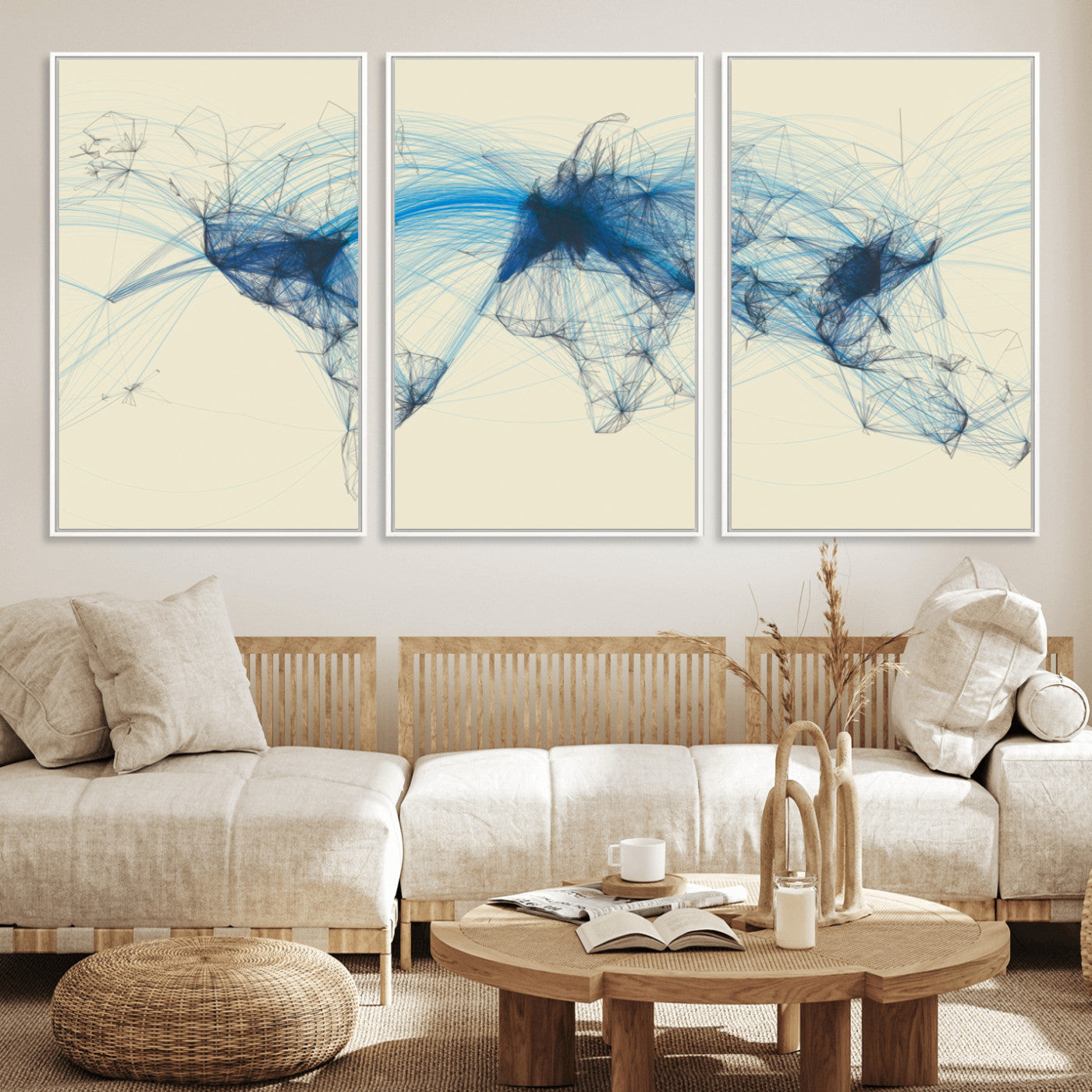 MGV-FC-60X30-3P - Flight Routes Map art Air Traffic Avi World Map with Blue Connections Canvas Wall Art – Modern