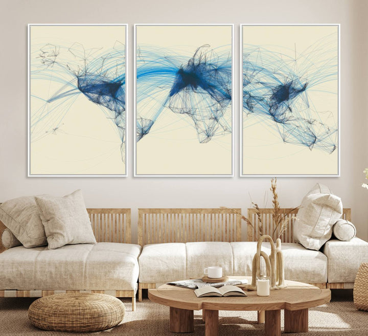 Flight Routes Map: Air Traffic Avi World Map featuring blue lines symbolizing global data. Ideal for home decor and ready to hang.