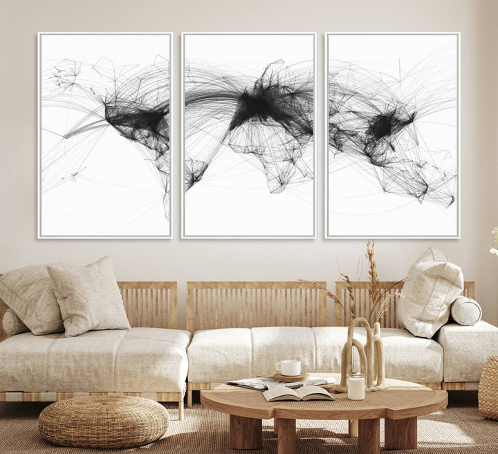 The Flight Routes Air Traffic canvas wall art, framed and ready to hang, is perfect for aviation enthusiasts.